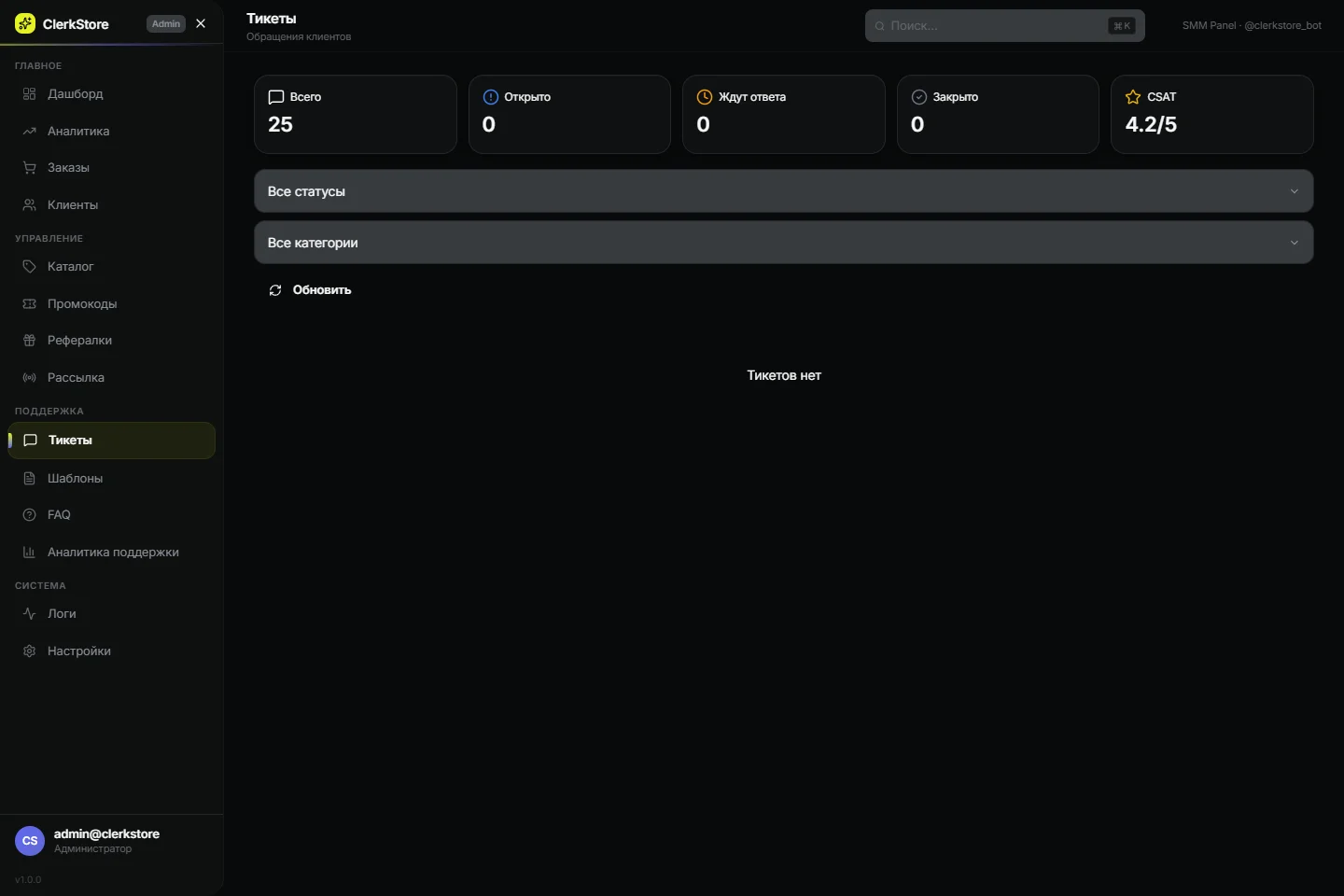 Support tickets screen of SMM Admin Panel Demo